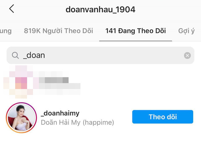 Cộng đồng mạng còn phát hiện danh sách người mà cầu thủ Đoàn Văn Hậu đang theo dõi trên Instagram bất ngờ có thêm tài khoản của Doãn Hải My.