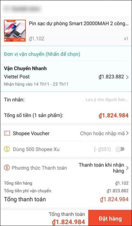 Mua pin sạc dự phòng với giá 1.102 đồng nhưng phí vận chuyển đã lên đến 1.823.882 đồng cho quãng đường từ TP.HCM về Tiền Giang.