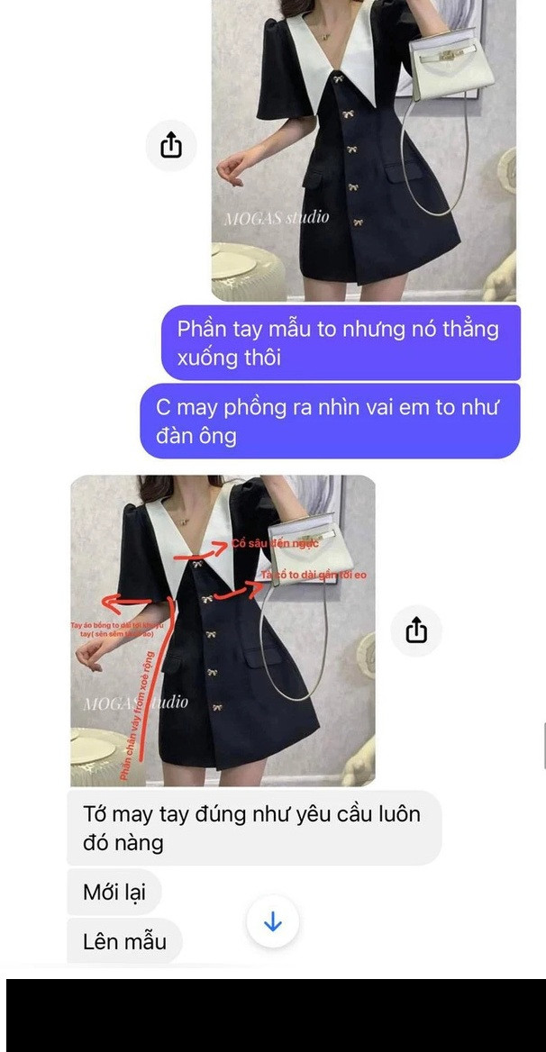 Kèm theo đó là những tấm hình chụp cận cảnh sản phẩm, chỉ quan sát bằng mắt thường cũng có thể thấy chiếc váy khác xa với chiếc váy mẫu.