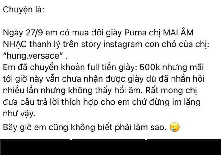 Về vụ việc này, vào khoảng tháng 10/2021 trên MXH bất ngờ xuất hiện bài đăng của một cô gái kể về trải nghiệm không mấy vui vẻ khi mua hàng thanh lý của "hiện tượng mạng" Mai Âm Nhạc. Cụ thể, cô gái này đã mua thanh lý đôi giàu hiệu của Mai với giá 500 ngàn đồng.