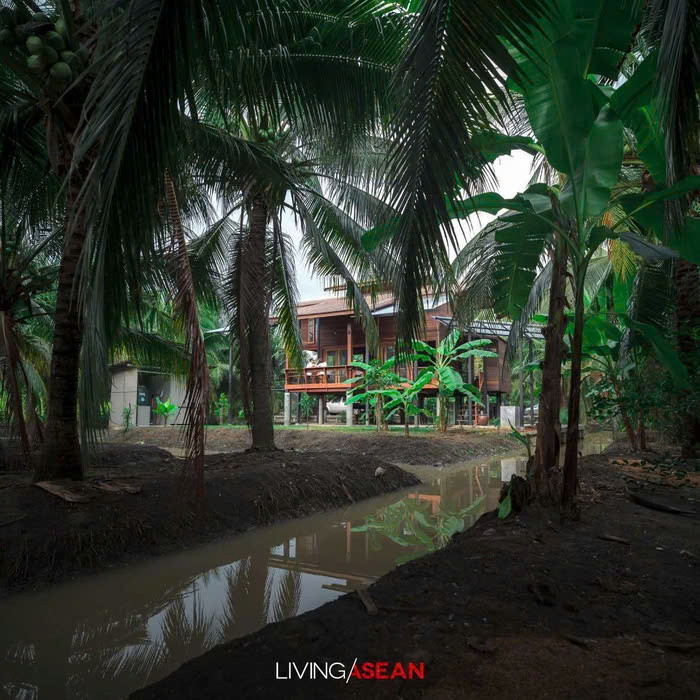rước đây, nhà của người dân ở khu vực này của tỉnh Ratchaburi thường được xây dựng dọc theo mép nước, trong khi đất nằm sâu hơn trong đất liền được dành cho nông nghiệp. Mảnh đất rộng hơn 1 héc-ta này đã có vườn cây ăn trái tươi tốt suốt mấy chục năm qua. Hiện tại, ngôi nhà thuộc sở hữu của thế hệ thứ tư trong gia đình. Ban đầu, chủ nhà chỉ nghĩ đến một ngôi nhà nhỏ với một phòng ngủ. Tuy nhiên, sau khi tham khảo ý kiến từ công ty kiến trúc Studio Miti, họ đã quyết định thiết kế một ngôi nhà sàn với quy mô lớn hơn một chút, phù hợp hơn với nhu cầu của mình.