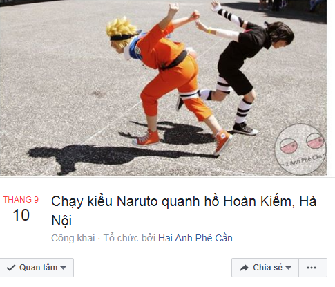 Mới đây, trên mạng xã hội Facebook đã nổi lên hàng loạt những trào lưu mới nổi của giới trẻ với nội dung vô cùng khó hiểu và liên quan phần lớn đến những bộ truyện tranh nổi tiếng như “Chạy kiểu Naruto”, “Hét như Goku”, “Đánh như Chaien”, “Móc túi như Doraemon”… với tụ điểm quen thuộc dự kiến diễn ra ở phố đi bộ Hồ Hoàn Kiếm, Hà Nội.