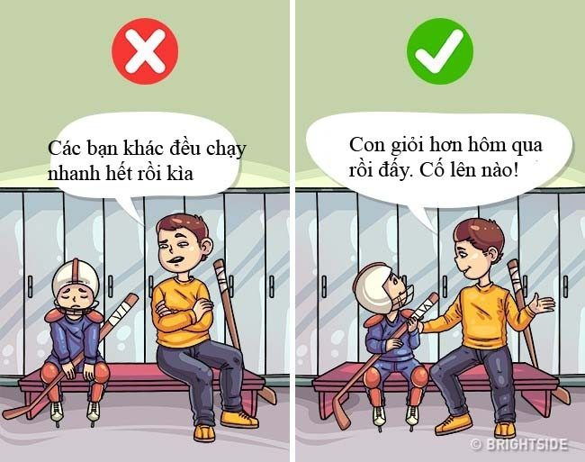 3. “Con đã làm tốt hơn hôm qua. Cố gắng lên!” Thay vì chỉ trích: “Các bạn đều nhanh hơn con”, hãy nói những câu mang tính khích lệ trẻ. "Ồ, phòng của con thật sạch sẽ", "Giường của con đã được thu dọn gọn gàng rồi này", "Con đã xếp quần áo thật gọn. Con làm tốt lắm"... các cụm từ như vậy giúp trẻ cảm nhận được sự ủng hộ và niềm tin từ bố mẹ và những việc làm của chúng được đánh giá cao. Bất kỳ sự khích lệ nào cũng tạo ra cảm giác dễ chịu và những cảm xúc tích cực cho trẻ, khiến hành vi tốt đẹp sẽ được lặp lại.