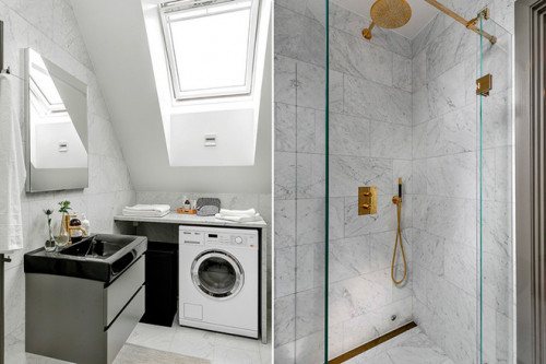 Khu tắm - giặt rất nhỏ nhưng được trang bị tiện nghi cực đầy đủ, hiện đại.