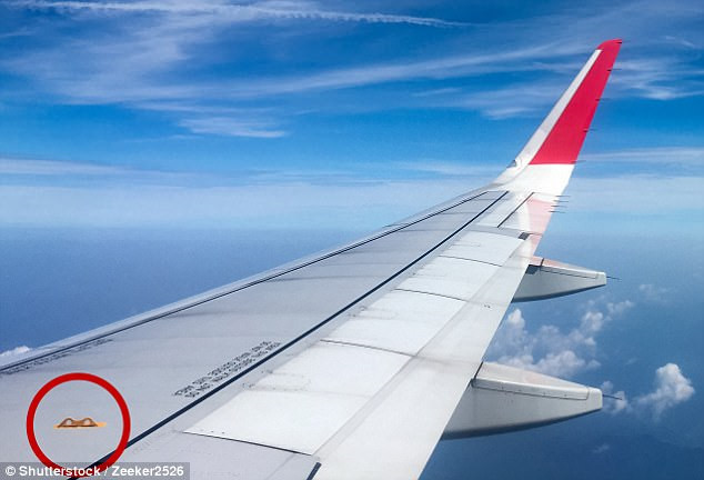 Móc trên cánh: Hầu hết các máy bay đều có các móc nhỏ màu vàng gắn trên cánh. Chúng được dùng cố định dây giúp hành khách di chuyển qua cánh trong trường hợp máy bay gặp sự cố đáp xuống mặt nước. Nếu có xuồng cứu sinh, sợi dây này sẽ giữ chúng để hành cách trèo qua kính và xuống thuyền dễ dàng hơn.