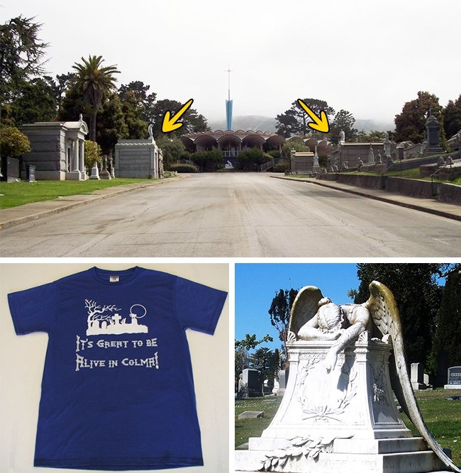 1. Thị trấn có số người chết nhiều hơn người sống Nằm tại bang California ở Mỹ, thị trấn Colma có 17 nghĩa trang và tỷ lệ người chết so với người sống ở đây là 1000/1. Điều này xảy ra bởi vì các nhà chức trách từng quyết định chuyển tất cả các nghĩa trang từ thành phố San Francisco về thị trấn nhỏ này. Người dân tại thị trấn Colma thường chỉ bao gồm những người đào huyệt, người trồng hoa và tổ chức tang lễ. Nhưng vào những năm 1980, những người làm công việc khác cũng bắt đầu định cư ở đây.