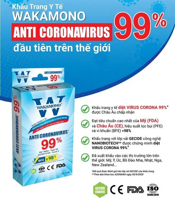 Khẩu trang Wakamono được kiểm chứng có khả năng tiêu diệt các loại virus khác (có màng và không có màng) và các loại vi khuẩn (gram âm và gram dương).