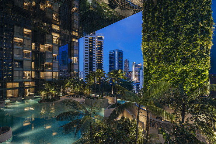 Forest Terrace” ở tầng trệt có điểm nhấn là thác nước và hàng chục loài thực vật, nhiều loài trong đó là cây bản địa - Ảnh: Darren Soh/Archdaily