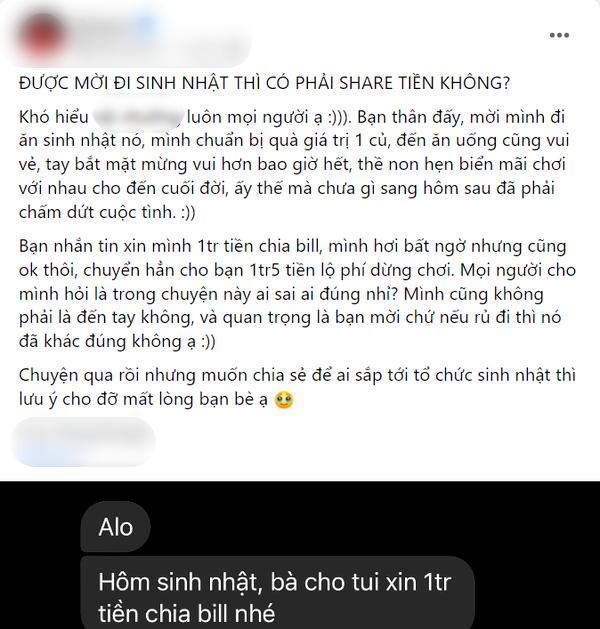 Trước dòng tin nhắn từ người bạn thân, cô gái cảm thấy khá bất ngờ nhưng cũng quyết định gửi tiền cho bạn đồng thời quyết định nghỉ chơi. Cô gái viết: “Bạn nhắn tin xin mình 1 triệu tiền chia bill, mình hơi bất ngờ nhưng cũng ok thôi, chuyển hẳn cho bạn 1 triệu 5 tiền lộ phí dừng chơi”.