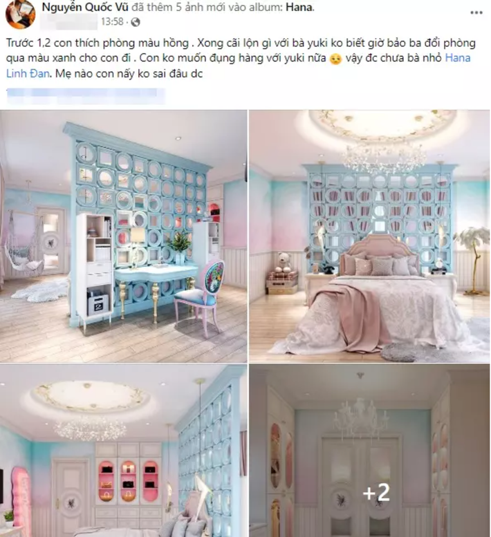 "Trước 1,2 bảo con thích phòng màu hồng. Xong cãi lộn gì với bà Yuki không biết giờ bảo ba đổi phòng qua màu xanh cho con đi. Con không muốn đụng hàng với Yuki nữa. Vậy được chưa bà nhỏ Hana Linh Đan. Mẹ nào con nấy không sai đâu được", chồng Đoàn Di Băng chia sẻ.