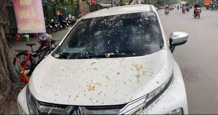 Một chiếc Mitsubishi Xpander màu trắng đỗ bên đường Trần Khát Chân (Hà Nội) bị dính đầy sợi mì, bún, hành… trên kính lái và nắp ca-pô.