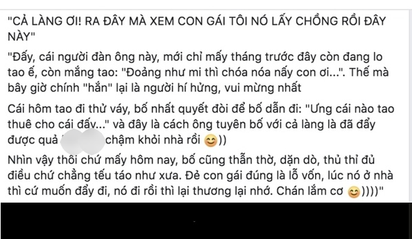 Chủ nhân của chiếc váy cưới chia sẻ: "Cái hôm tui đi thử váy, bố nhất quyết đòi để bố dẫn đi: 'Ưng cái nào tao thuê cho cái đấy..." và đây là cách ông tuyên bố với cả làng là đã đẩy được ra khỏi nhà rồi.