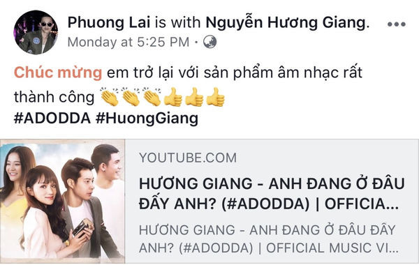 Vào thời điểm Hương Giang cho ra mắt MV đình đám Anh Đang Ở Đâu Đấy Anh, Criss Lai cũng không quên gửi lời chúc mừng đến người yêu cũ trên trang cá nhân:” Chúc mừng em trở lại với sản phẩm âm nhạc rất thành công”.