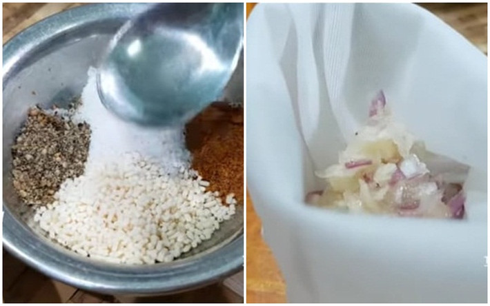 Ướp thịt: Cho vào tô các gia vị ướp thịt gồm 1/2 muỗng cà phê ngũ vị hương, 1 muỗng cà phê muối, 1/2 muỗng cà phê tiêu, 1 muỗng cà phê hạt nêm rồi trộn đều tất cả lên. Sau đó cho hành tím và tỏi vào cối giã nhuyễn xong cho vào túi lọc vắt lấy nước. Ảnh Internet