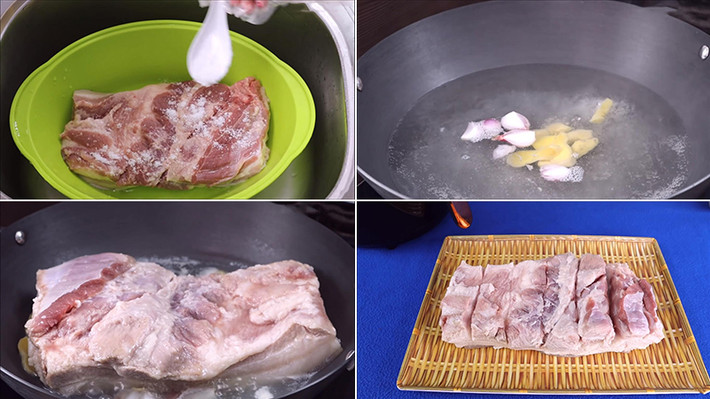 Làm heo quay bằng nồi chiên không dầu: Cho thịt vào thau, thêm vào đó 1 muỗng canh muối để khử mùi. Cạo sạch lớp lông rồi rửa sạch với nước và mang đi luộc phần da thịt. Gừng và hành tím bóc vỏ rồi đập hơi dập. Chuẩn bị một nồi nước, thả gừng và tỏi vào. Khi nước sôi, bạn cho thịt vào luộc khoảng 5 phút, sau đó, vớt ra và để thật ráo nước (chú ý để phần da phía dưới và nước ngập phân nửa thịt là được). Khi thịt đã ráo, dùng dao khía thịt thành từng đường dài khoảng 1cm để thịt dễ chín. Ảnh Internet