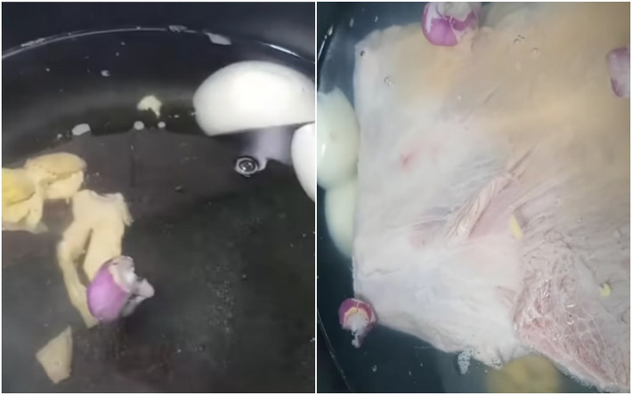 Luộc thịt: Bắc một cái nồi lên cho vào 2 lít nước tiếp đến cho thêm 2 muỗng canh rượu, gừng, hành tím, tỏi và hành tây, cho phần thịt heo đã sơ chế trước đó vào luộc trong 30 phút. Để kiểm tra thịt heo đã chín chưa dùng 1 chiếc đũa ấn vào thịt heo nếu thấy thịt mềm và không có lớp máu rỉ lên chứng tỏ phần thịt đã được luộc chín. Sau đó vớt thịt ra tô cho ráo nước và để nguội. Ảnh Internet