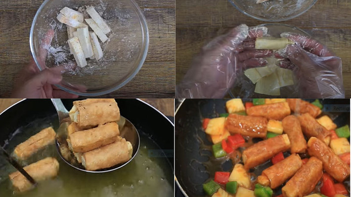 Sườn xào chua ngọt: Nguyên liệu: 200g váng đậu, 1 củ khoai môn, ớt chuông đỏ, ớt chuông xanh, Gia vị: ớt bột, dầu ăn, tương ớt, đường, hạt nêm chay, bột ngô. Ngâm váng đậu từ 7 - 10 phút. Khoai môn cắt thanh vừa ăn + 1/2 thìa cà phê ớt bột + 1/4 thìa cà phê tiêu + 1 thìa bột ngô trộn đều. Trộn 50g bột ngô + 1/2 thìa cà phê ớt bột + 1 thìa cà phê hạt nêm + 1/4 bát nước + váng đậu đã ngâm. Cuộn váng đậu với khoai môn lăn qua bột ngô rồi chiên giòn. Ớt chuông rửa sạch, bỏ ruột sau đó cắt hạt lựu. Bắc chảo lên bếp, trộn 50g tương cà + 20g tương ớt + một ít nước làm sốt, đảo đều đến khi sôi, cho thanh ván đậu cuộn khoai vào + ớt chuông + 2 thìa cà phê đường đảo đều rồi tắt bếp. Ảnh Internet