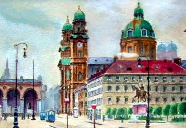 Những nét vẽ của "họa sĩ" Hitler năm 1914 ghi lại cảnh Quảng trường Odeonsplatz ở Đức.