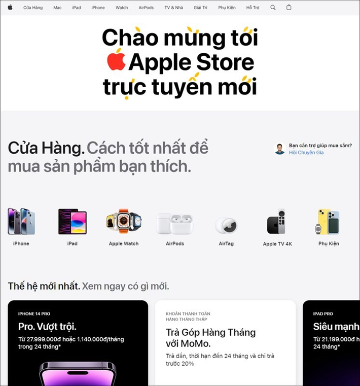 Nhằm tạo điều kiện tốt nhất cho khách hàng, cửa hàng Apple trực tuyến còn cung cấp dịch vụ trả góp hàng tháng thông qua ví điện tử MoMo (trả trước 20% giá trị sản phẩm và trả góp tối đa 24 tháng).