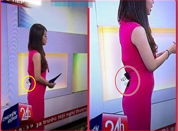 BTV Trúc Mai dùng kẹp giấy để giúp bộ váy vừa vặn với thân hình hơn. Tuy nhiên, khi quay nghiêng người, cô vô tình để lộ hình ảnh này trước máy quay.