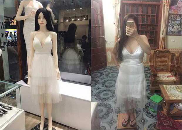 Mặc dù chiếc váy trắng tinh khôi mà ma nơ canh mặc rất đẹp và sang chảnh, thế nhưng khi cô gái này mặc thì... sản phẩm thật không hề như mong đợi.