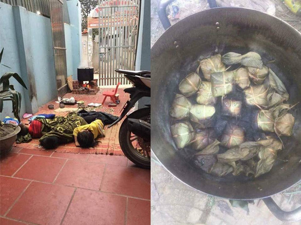 Mang chăn, gối ra nằm trông bánh chưng và cái kết cả đám ngủ hết còn nồi bánh thì cháy đen, khét lẹt. Ảnh: Tổng hợp