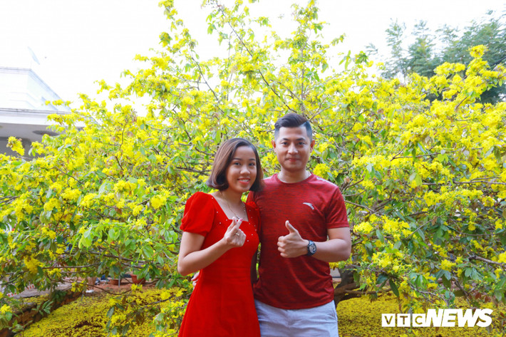 Đôi bạn trẻ lưu giữ sắc đỏ ngày đầu xuân bên sắc vàng của "cụ mai".
