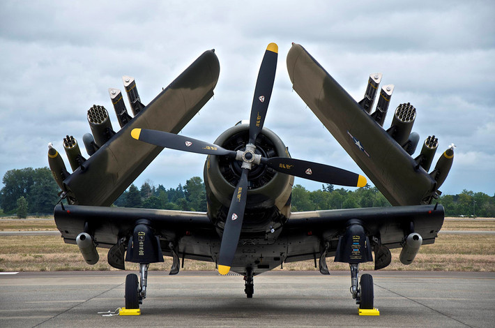 Skyraider có 15 điểm treo vũ khí dưới cánh có thể mang theo 3,6 tấn bom, rocket các loại. Về mặt hỏa lực, A-1 vượt xa các máy bay trong chương trình OA-X. A-1 ngưng hoạt động vào năm 1985 nhưng nếu Mỹ đang tìm máy bay cánh quạt mới thì hồi sinh Skyraider sẽ hiệu quả hơn. Ảnh: Pinterest.