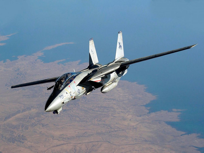 F-14 Tomcat. Tiêm kích trên hạm nặng nhất của Hải quân Mỹ với trọng lượng cất cánh hơn 33 tấn. F-14 hoạt động với vai trò chiếm ưu thế trên không và đánh chặn hải quân tầm xa. Thiết kế cánh cụp - cánh xòe cho phép máy bay hoạt động hiệu quả ở độ cao thấp trên mặt nước và đất liền. Ảnh: Hải quân Mỹ.