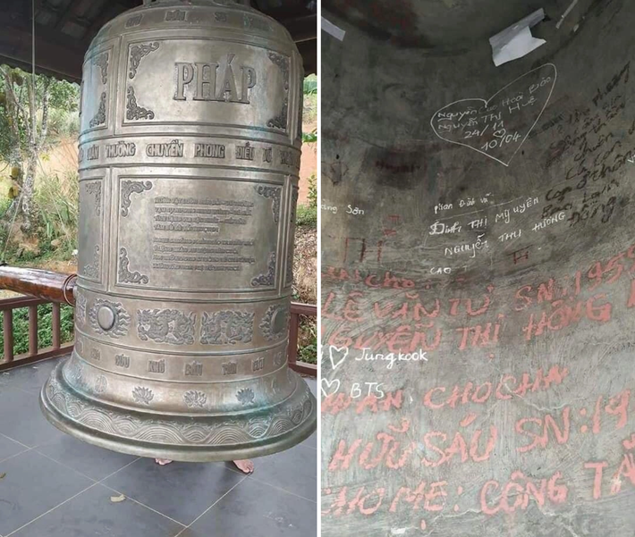 Chiếc chuông đồng tại một ngôi chùa cũng là địa điểm cho các bạn trẻ khắc tên, ghi điều ước, nguyện cầu tình yêu... Ảnh: KSĐP
