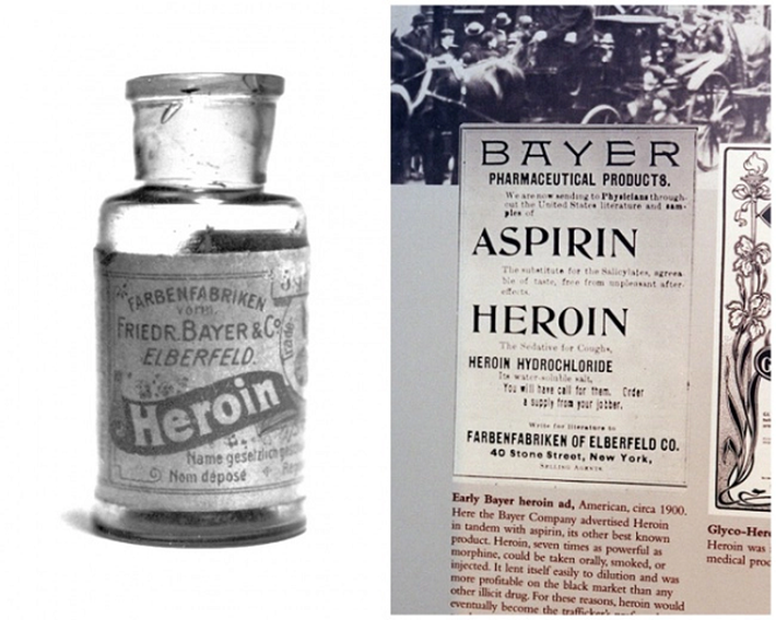 Những năm 1890, tập đoàn dược phẩm Bayer ở Leverkusen, Đức sản xuất aspirin và heroin thương phẩm làm thuốc để trị ho, cảm lạnh, giảm đau. Năm 1924, người ta phát hiện ra rằng heroin sẽ chuyển thành morphine tại gan và gây độc cho cơ thể. Kể từ đó, chất này mới bị cấm trong điều trị bệnh.