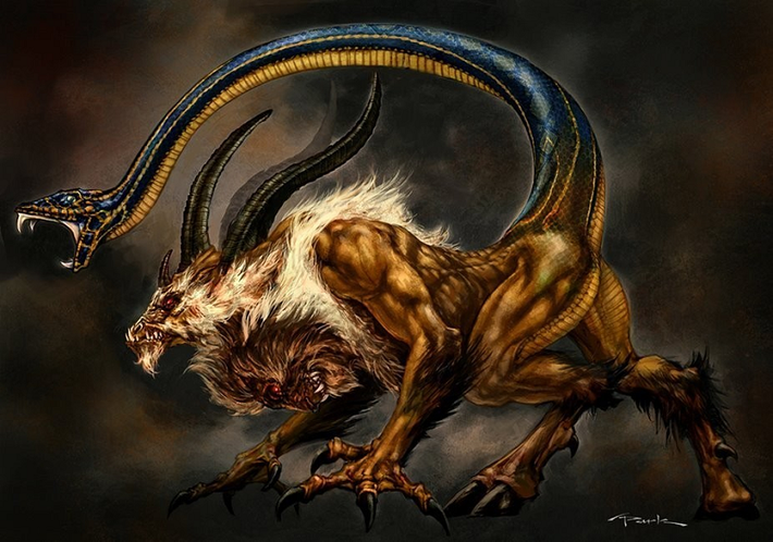 Trên lưng nó mọc ra một cái đầu dê và đầu rồng. Sau này, Chimera bị người anh hùng Bellerophon cùng ngựa thần Pegasus tiêu diệt.