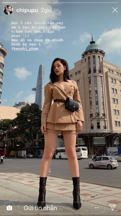 Mái tóc đen buông xõa càng thu hút mọi ánh nhìn hơn khi bị làm rối bởi gió, nhan sắc được ngợi ca của Chi Pu phát huy tác dụng với gương mặt biểu cảm vô cùng cuốn hút. Ngoài bức hình "xịn" được cô đăng tải trên trang cá nhân thì những khoảnh khắc "phá vỡ concept" cũng được Chi Pu đăng trên story.