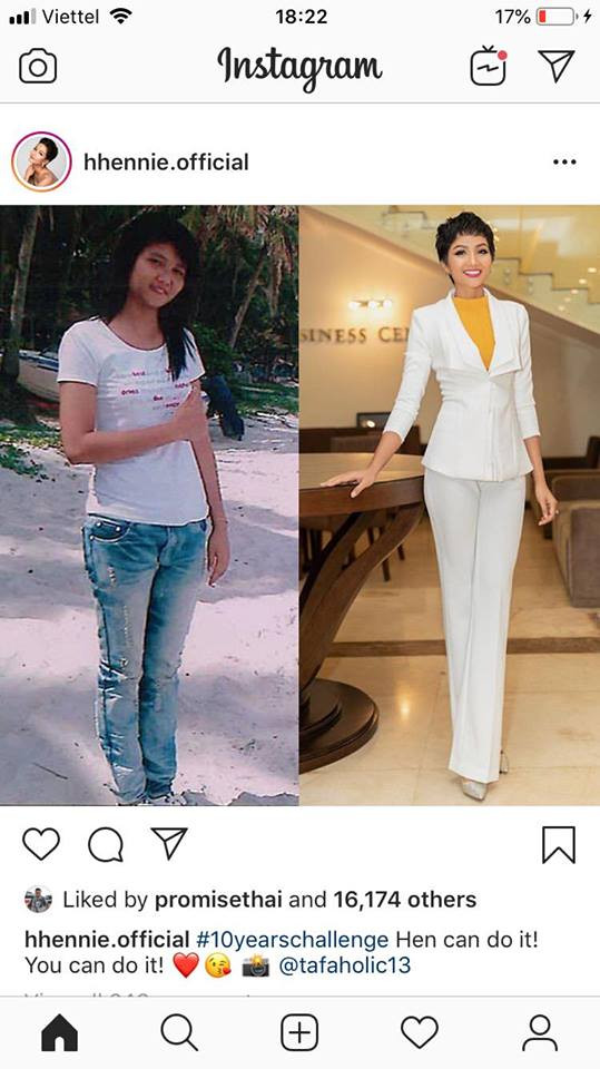 H'Hen Nie khoe bức ảnh 10 năm trước với chú thích: "Hen làm được!. Bạn làm được". Cô nàng đã lột xác từ một nữ sinh đáng yêu thành một hoa hậu đầy cá tính.