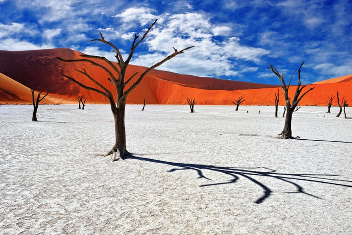 Những đồi cát màu cam: Sossusvlei, một chảo muối rộng lớn ở trung tâm công viên quốc gia Namib-Naukluft, được bao phủ bởi màu cam rực rỡ. Màu sắc này được hình thành từ sự gỉ sét và là một dấu hiệu của quá trình oxy hóa do nồng độ sắt cao trong cát. Một số cồn cát trong khu vực này được cho là cao nhất trên thế giới. Những cồn cát màu cam cao từ 200-400 m. Ảnh: Oleg Znamenskiy.