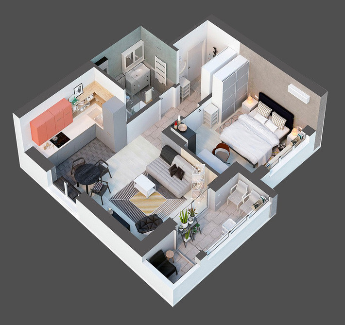 Bản thiết kế căn hộ rộng 49m2 vô cùng khoa học.