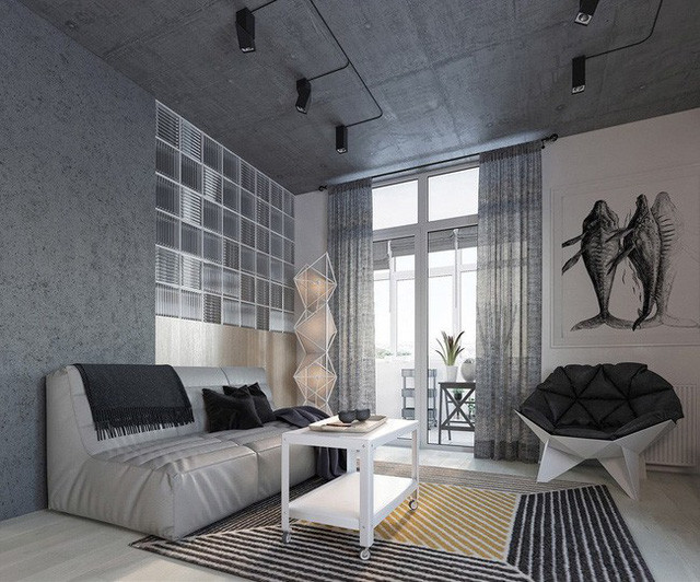 Căn hộ 49m² với thiết kế hình học ấn tượng giúp tạo khung định hình cho một loạt các màu sắc riêng biệt. Khu vực sinh hoạt, ăn uống và nhà bếp được mở rộng hơn nhờ cách phân tách hình dạng, trong khi tổng thể được gắn với nhau bằng đường viền không tách rời. Phòng khách đẹp độc đáo với chiếc ghế có thảm lót, phòng ăn và nhà bếp cũng hiện lên vô cùng ấm áp.