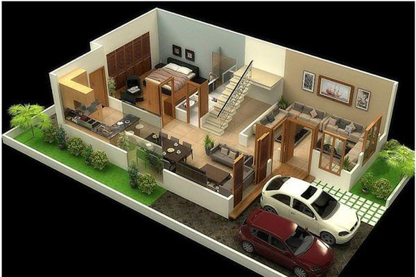 Mẫu nhà cấp 4 có gác lửng được thiết kế với diện tích 70m2 vì thế không gian vô cùng rộng rãi giúp cho việc sinh hoạt của các thành viên trong gia đình trở nên dễ dàng hơn. Xung quanh nhà là dải vườn nhỏ để bố trí những cây cối và là không gian vui chơi của trẻ con.
