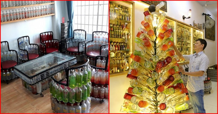 Suốt 15 năm miệt mài sáng tạo và tái chế, ông Đinh Nguyên Bình (50 tuổi, ở quận Tân Phú, TP.HCM) đã làm ra nhiều món đồ nội thất gia đình từ những chai thủy tinh, nắp chai nhựa mà ông sưu tầm và thu lượm được. Ông Bình cho biết, công việc chính của mình là bán hàng thiết bị cơ khí, do đó, khi rảnh rỗi anh đều lấy chai lọ làm thú vui. Với ông, những thứ bỏ đi này lại có sức hút kỳ lạ, càng làm ra nhiều sản phẩm đẹp anh lại càng đam mê hơn. Trong nhà của ông Bình, đâu đâu cũng thấy chai lọ, tất cả nội thất như bàn ghê, đèn, bàn, đồ trang trí… đều bằng chai thủy tinh.