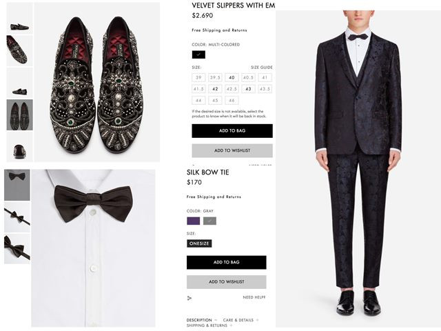 Bộ vest hoạ tiết thêu, kết tinh xảo đến từ thương hiệu Dolce&Gabbana với giá $3,970 tương đương 92 triệu đồng. Phụ kiện nơ thắt áo Dolce&Gabbana nơ với giá $170 khoảng gần 4 triệu đồng. Giày Dolce&Gabbana với mức giá $2,690 khoảng 62 triệu đồng.