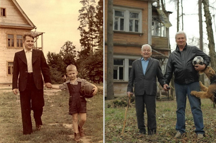 Hình ảnh cha và con năm 1949 và năm 2009.