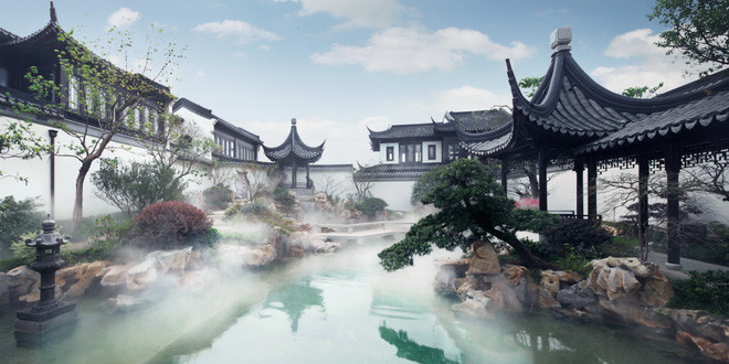 Được thiết kế chủ yếu theo phong cách truyền thống của người Trung Quốc với những mái nhà "bị lật" cong vút đậm chất kiến trúc Tô Châu, đi kèm là những cột chống bằng gỗ nguyên bản có kích thước lớn và dài.