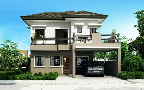 Biệt thự ấn tượng với mái ngói nâu, sơn trắng ghi xám hài hòa. Gara để xe thiết kế gọn gàng dưới tầng trệt.