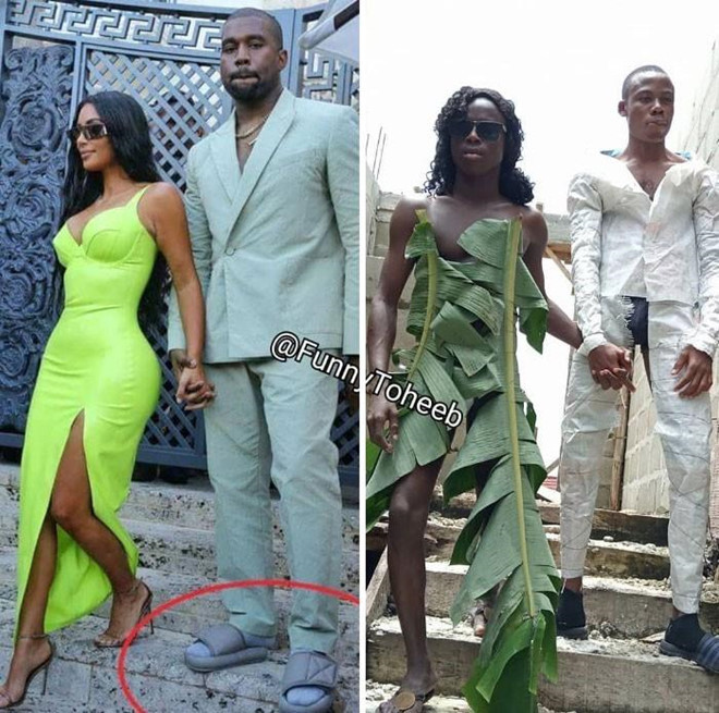 Với bao xi măng và lá chuối, có ngay phiên bản "nhà nghèo" của vợ chồng nhà Kim Kardashian - Kanye West.