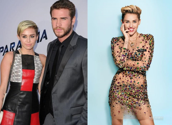 Tháng 8/2013 (ảnh trái) là sự kiện cuối cùng Cyrus sánh đôi bên Hemsworth trước khi tuyên bố hủy hôn. Sau khi chia tay, Miley Cyrus trở lại showbiz với hình tượng nổi loạn, cắt tóc ngắn và mặc phản cảm. Đỉnh điểm là trên sân khấu MTV Video Music Awards 2013, nữ ca sĩ khiến dư luận dậy sóng vì diện đồ gần như khỏa thân, biểu diễn gợi dục cùng đồng nghiệp Robin Thicke. MV Wrecking Ball cũng được phát hành vào thời điểm này. Cựu công chúa Disney từng thừa nhận vô cùng hối hận đã khỏa thân và khóc lóc trong MV ca khúc trên.