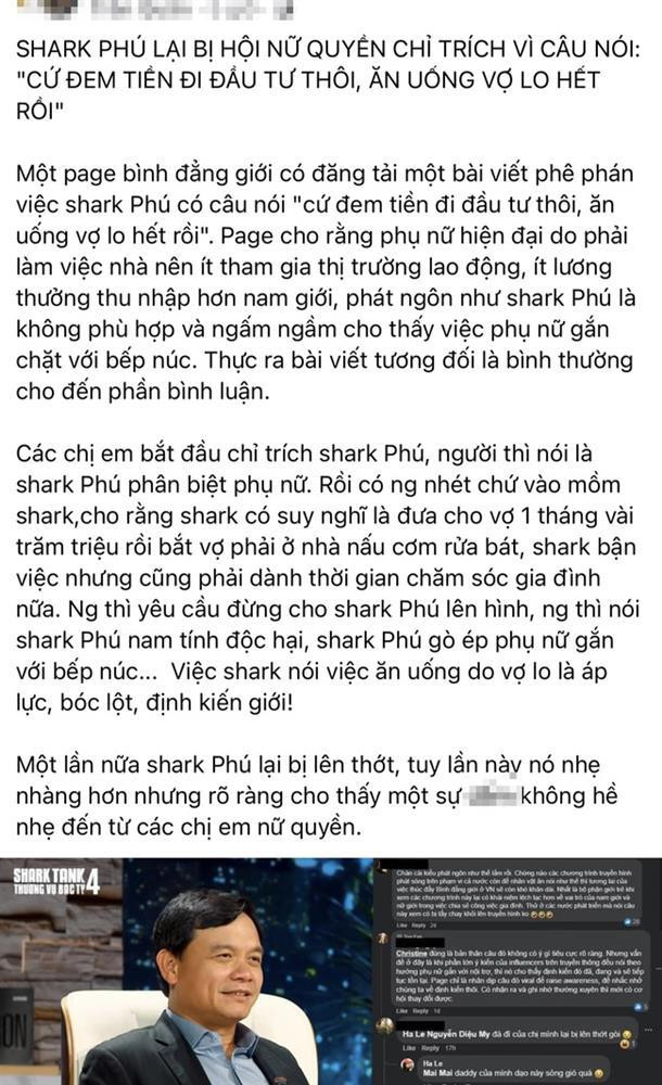 Fanpage còn cho rằng bởi vì phụ nữ phải làm việc nhà, làm việc lao động ngoài xã hội nên thu nhập thấp hơn nam giới, nên câu nói của Shark Nguyễn Xuân Phú khiến chị em phụ nữ bị gắn mác là phải ở nhà nội trợ và bếp núc.