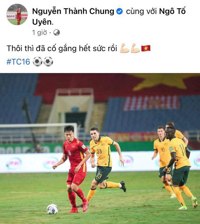Trên trang cá nhân, Thành Chung chia sẻ bức ảnh thi đấu trên trang cá nhân kèm dòng trạng thái: "Thôi thì đã cố gắng hết sức rồi".