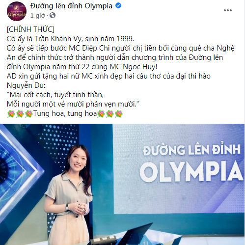 Mới đây, fanpage Đường Lên Đỉnh Olympia đã có thông báo chính thức về thông tin "hot girl 7 thứ tiếng" Khánh Vy làm MC của chương trình.