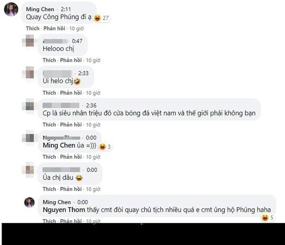 Trước đó không lâu, Viên Minh để lại bình luận dưới buổi phát trực tiếp buổi tập của đội tuyển Việt Nam của VFF, ngỏ ý muốn VFF quay tập trung vào chồng để mình tiện... ngắm: "Quay Công Phúng đi ạ".
