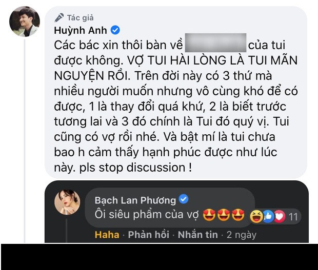 Người yêu Huỳnh Anh là gái xinh Bạch Lan Phương cũng vào bình luận ủng hộ và dành lời khen cho bạn trai.
